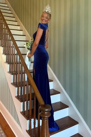 Classic Blue Velvet Mermaid Cap Sleeves Split Party Prom Dress