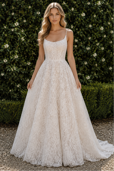 Classic Boat Spaghetti Straps A-Line Lace Backless Wedding Dress
