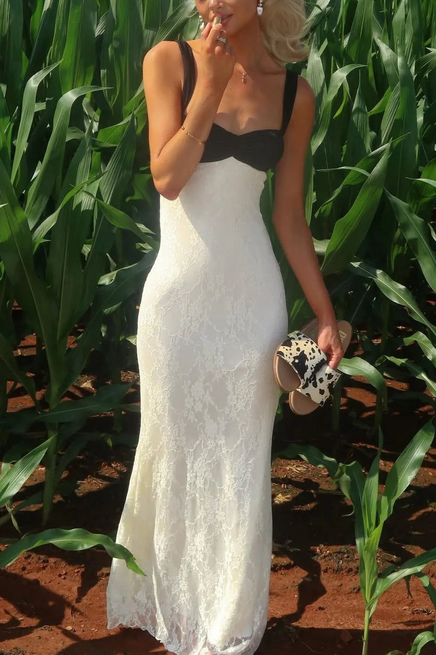 Classic Fitted Sweetheart Straps Lace Empire Long Party Prom Dress
