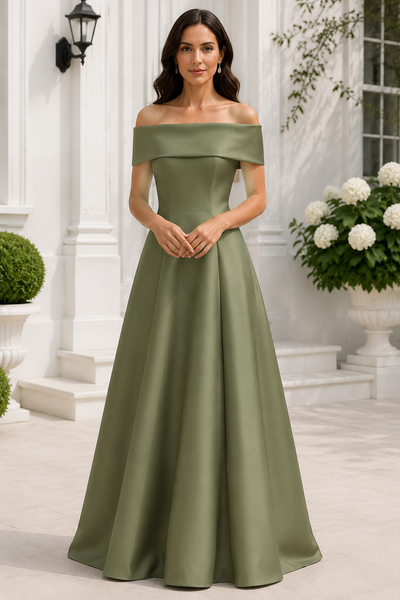 Classic Green A-Line Off-Shoulder Floor-Length Mother Of The Bride Dress