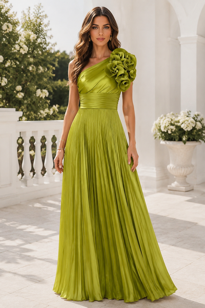 Classic One Shoulder Satin A-Line Pleated Mother Of The Bride Dress