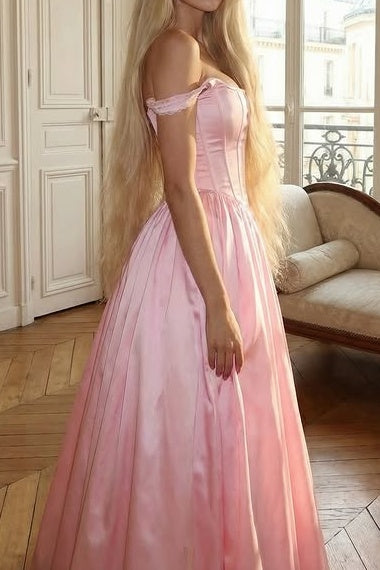 Classic Pink Satin A-Line Sleeveless Pleated Party Prom Dress