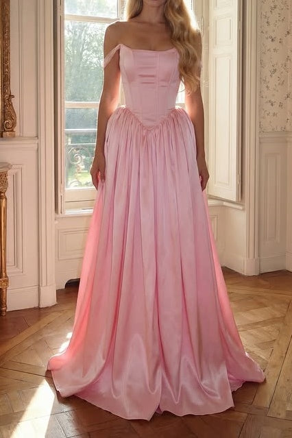 Classic Pink Satin A-Line Sleeveless Pleated Party Prom Dress