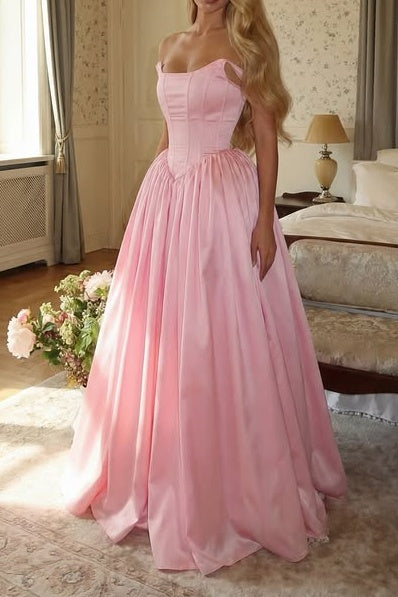 Classic Pink Satin A-Line Sleeveless Pleated Party Prom Dress
