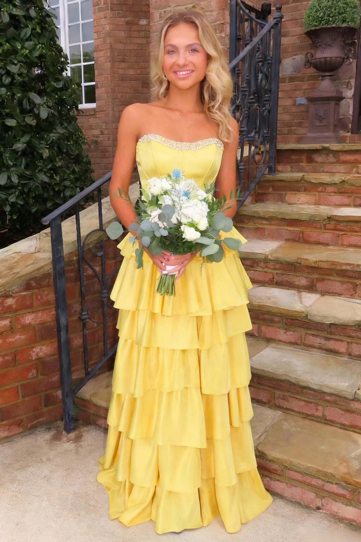 Classic Satin A-Line Beaded Strapless Tiered Party Prom Dress