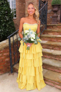 Classic Satin A-Line Beaded Strapless Tiered Party Prom Dress