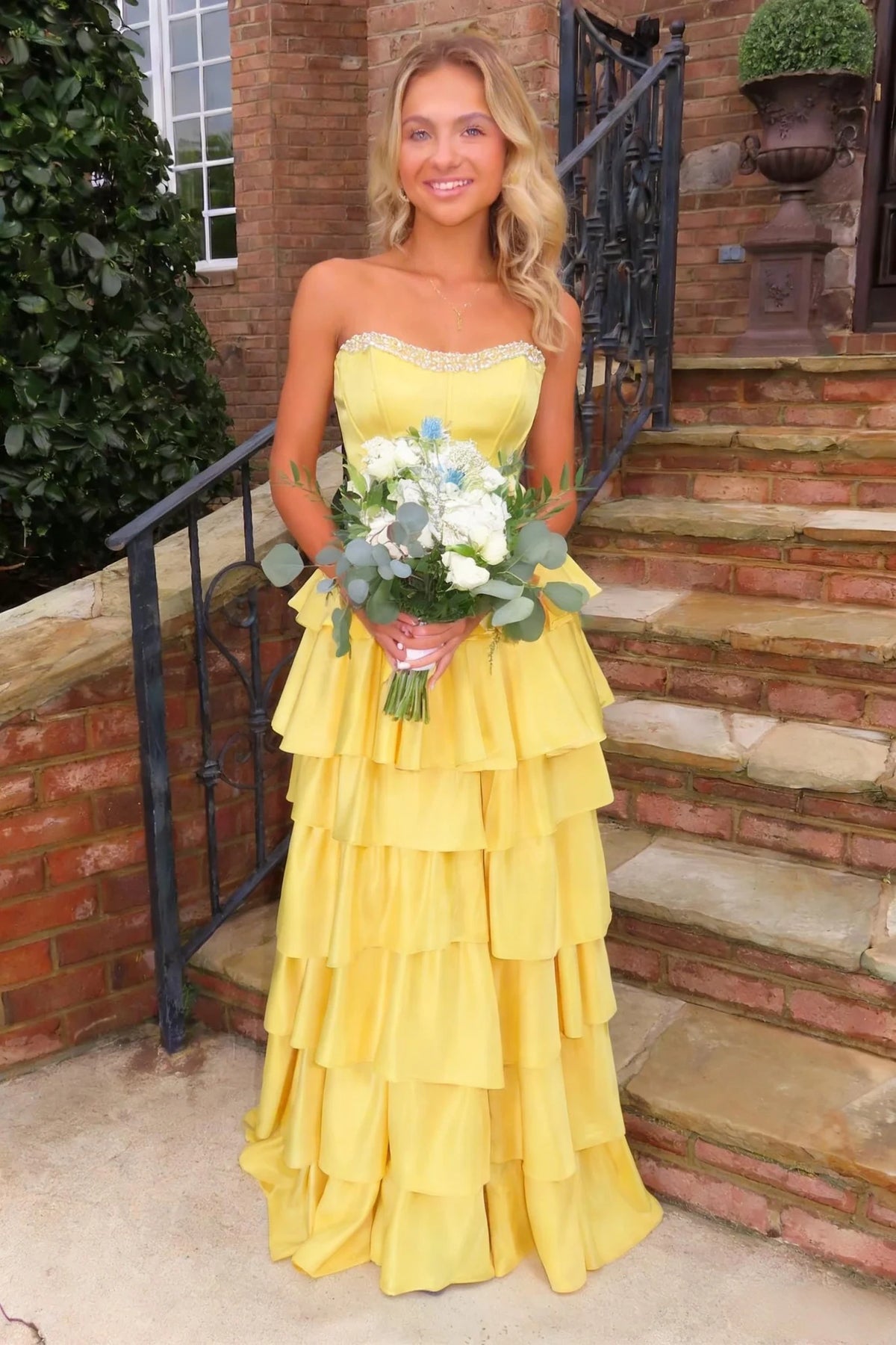 Classic Satin A-Line Beaded Strapless Tiered Party Prom Dress