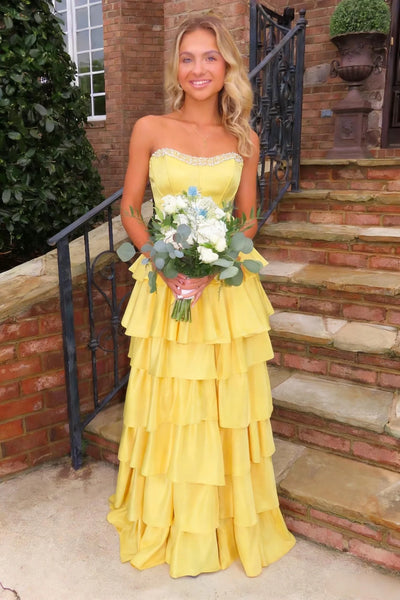 Classic Satin A-Line Beaded Strapless Tiered Party Prom Dress