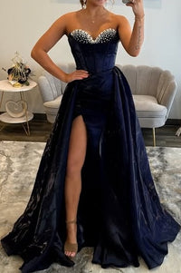 Classic Satin A-Line Beaded Sweetheart Empire Party Prom Dress