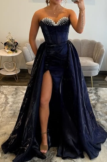 Classic Satin A-Line Beaded Sweetheart Empire Party Prom Dress