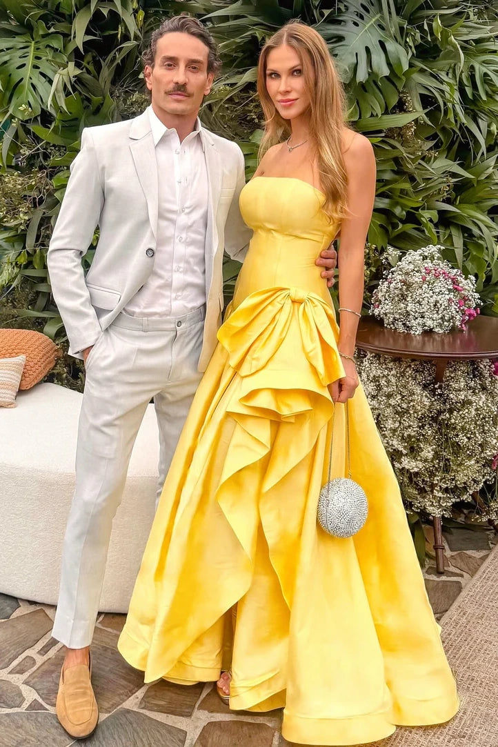 Classic Satin A-Line Empire Strapless Party Prom Dress With Bow