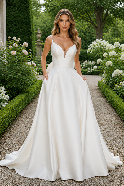 Classic Satin A-Line Spaghetti Straps Maxi Wedding Dress With Bow