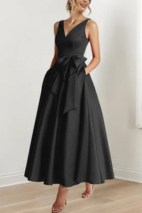Classic Satin A-Line V-Neck Mother Of The Bride Dress With Bow
