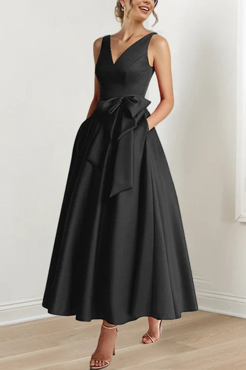 Classic Satin A-Line V-Neck Mother Of The Bride Dress With Bow