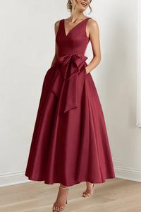 Classic Satin A-Line V-Neck Mother Of The Bride Dress With Bow