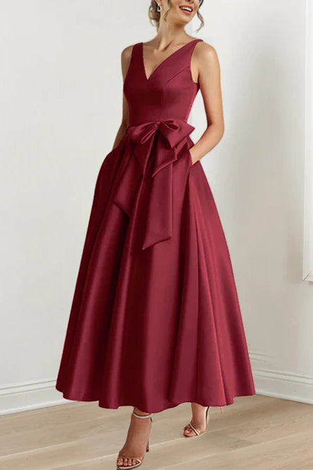 Classic Satin A-Line V-Neck Mother Of The Bride Dress With Bow