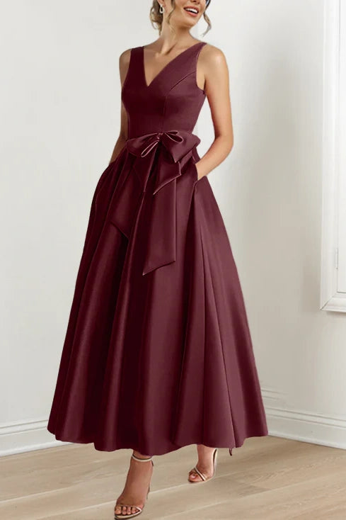 Classic Satin A-Line V-Neck Mother Of The Bride Dress With Bow