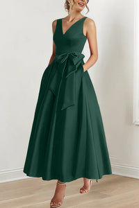 Classic Satin A-Line V-Neck Mother Of The Bride Dress With Bow