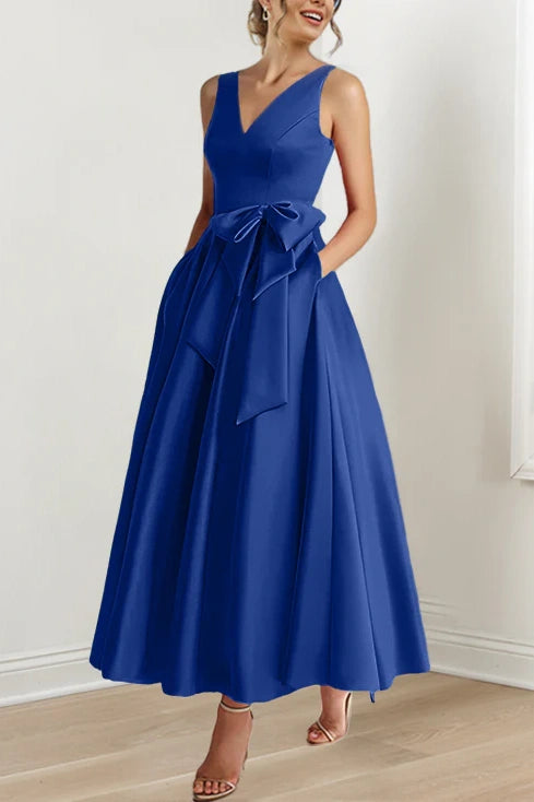 Classic Satin A-Line V-Neck Mother Of The Bride Dress With Bow