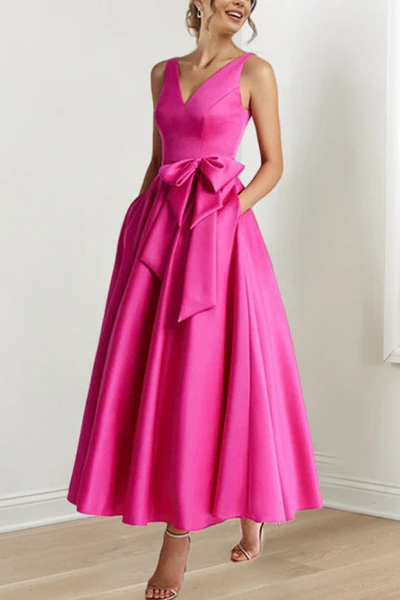 Classic Satin A-Line V-Neck Mother Of The Bride Dress With Bow