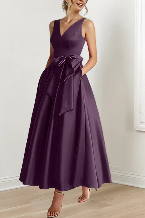 Classic Satin A-Line V-Neck Mother Of The Bride Dress With Bow