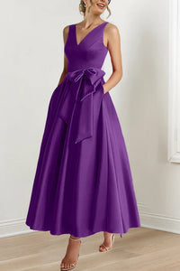 Classic Satin A-Line V-Neck Mother Of The Bride Dress With Bow