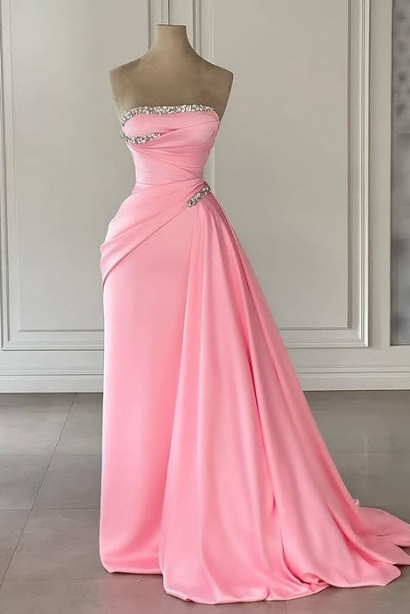 Classic Satin Beaded Strapless Empire Party Prom Dress With Train