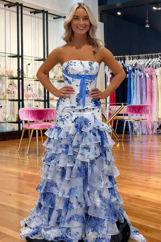 Classic Strapless Empire Chiffon Tiered Floral Party Prom Dress