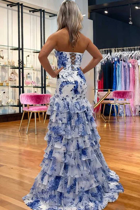 Classic Strapless Empire Chiffon Tiered Floral Party Prom Dress