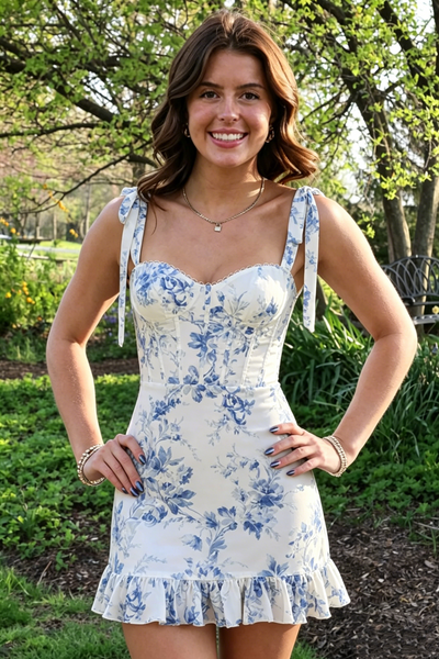 Classic Sweetheart Bow Straps Mini Floral Print Ruffle Homecoming Dress