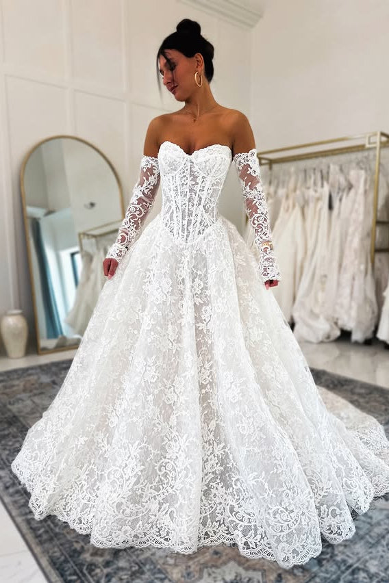 Classic Sweetheart Strapless A-Line Formal Lace Wedding Dress