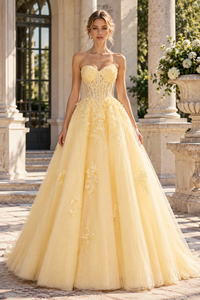 Classic Sweetheart Strapless Lace Appliques Tulle A-Line Party Prom Dress