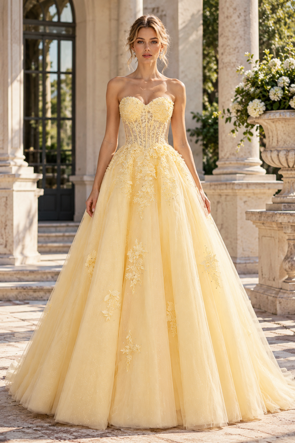 Classic Sweetheart Strapless Lace Appliques Tulle A-Line Party Prom Dress
