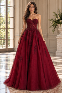 Classic Sweetheart Strapless Lace Appliques Tulle A-Line Party Prom Dress