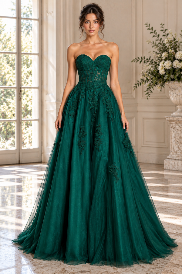 Classic Sweetheart Strapless Lace Appliques Tulle A-Line Party Prom Dress