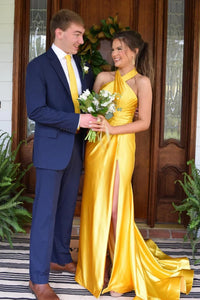 Cross Halter Backless Satin Mermaid Split Party Prom Dress