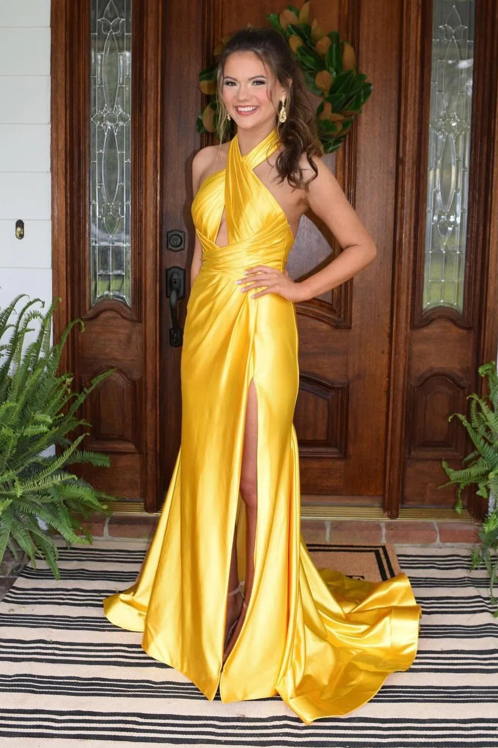 Cross Halter Backless Satin Mermaid Split Party Prom Dress