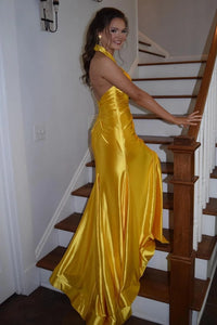 Cross Halter Backless Satin Mermaid Split Party Prom Dress
