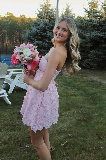Cute Lace A-Line Strapless High Waist Short Party Homecoming Dress