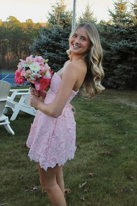 Cute Lace A-Line Strapless High Waist Short Party Homecoming Dress
