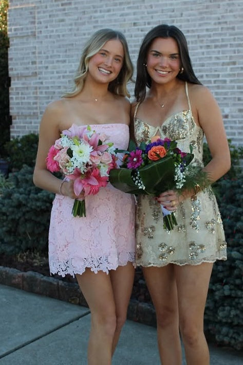 Cute Lace A-Line Strapless High Waist Short Party Homecoming Dress