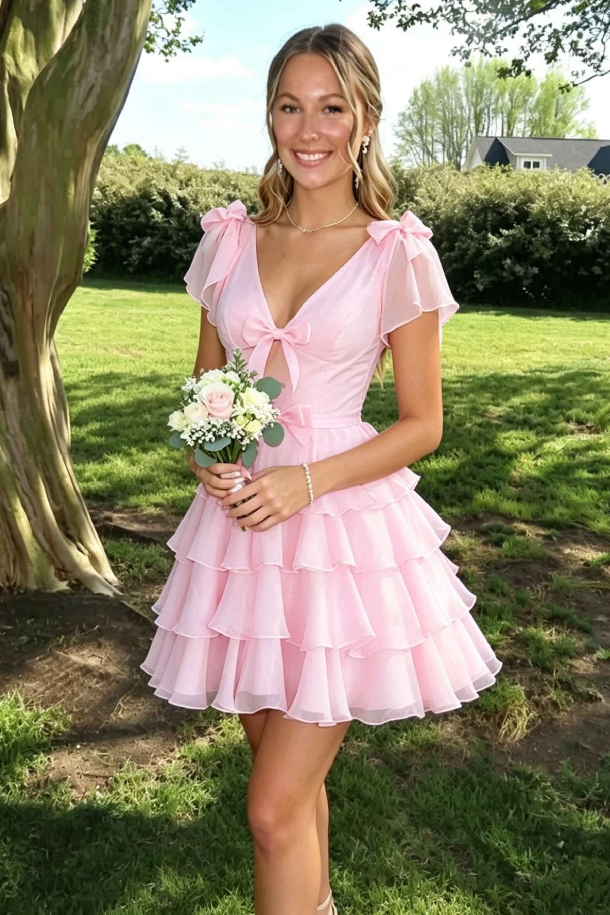 Cute Pink A-Line Chiffon Tiered V-Neck Short Sleeves Homecoming Dress