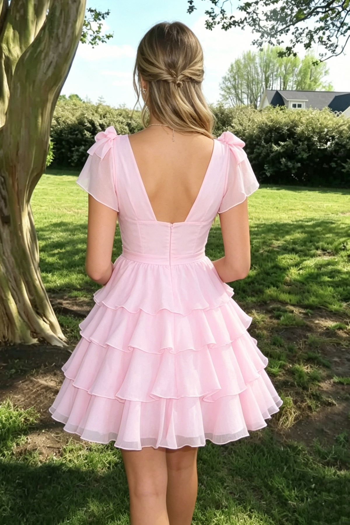 Cute Pink A-Line Chiffon Tiered V-Neck Short Sleeves Homecoming Dress