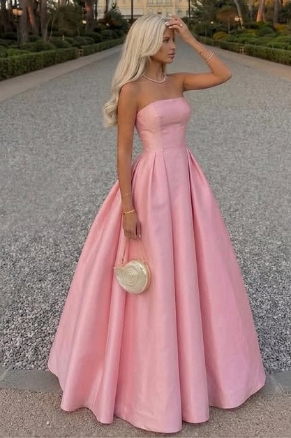 Cute Pink A-Line Strapless Princess Floor-Length Party Prom Dress