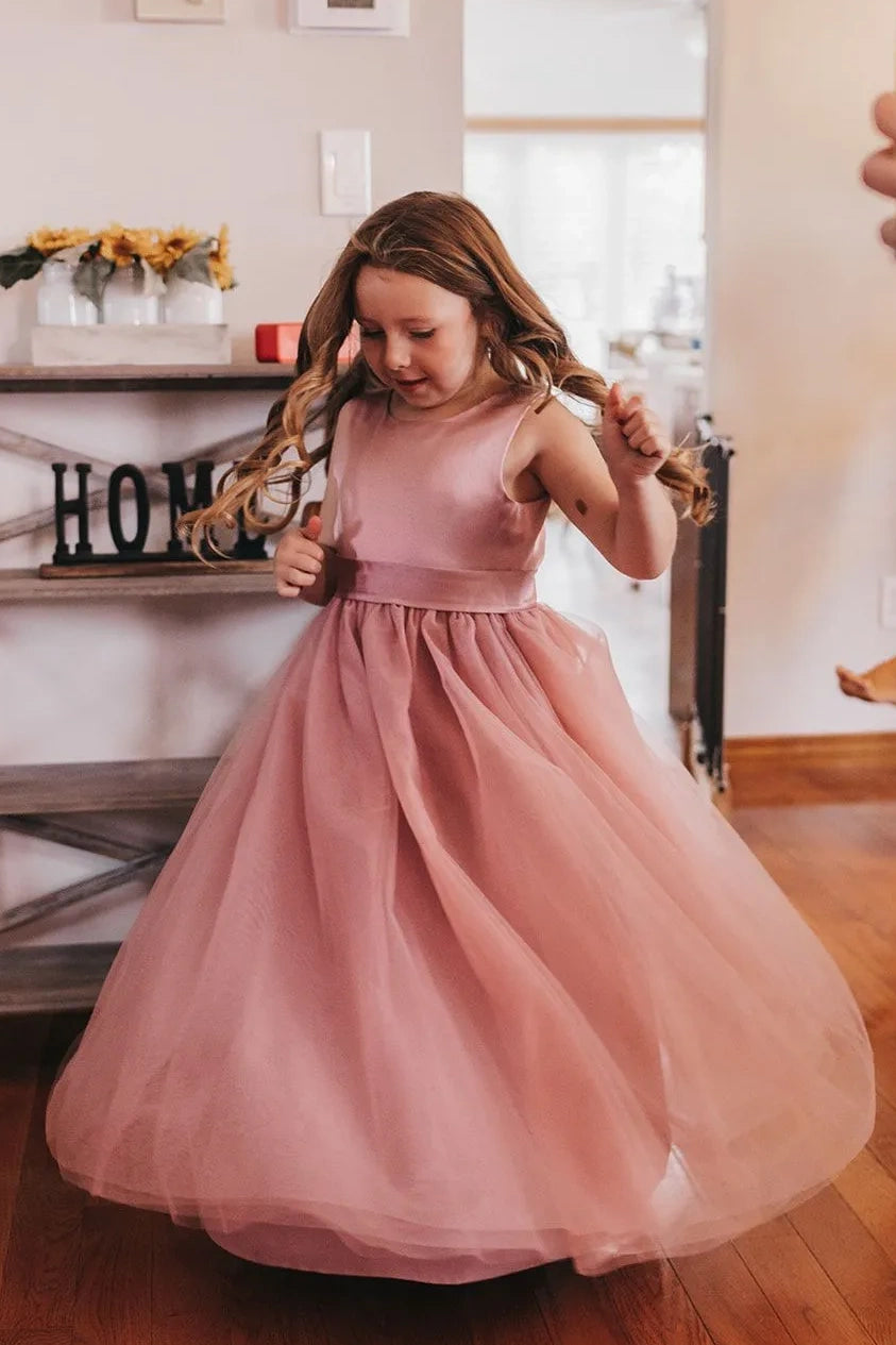 Cute Pink A-Line Two Tone Long Flower Girl Dress With Bow