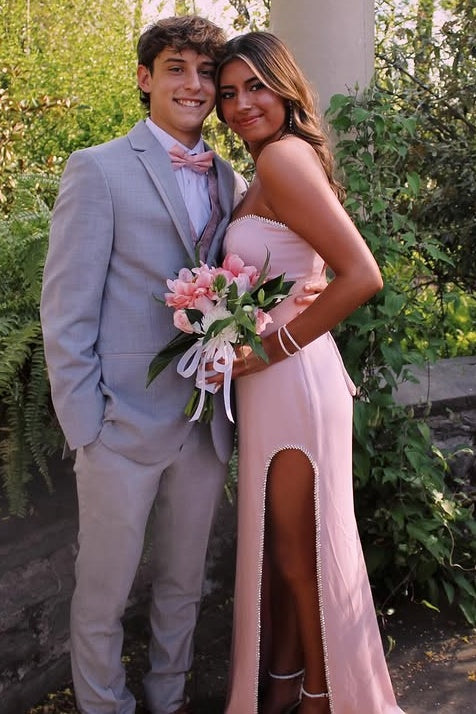 Cute Pink Satin Beaded Strapless Mermaid Leg Slit Party Prom Dress