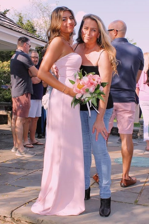 Cute Pink Satin Beaded Strapless Mermaid Leg Slit Party Prom Dress