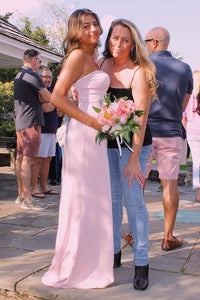 Cute Pink Satin Beaded Strapless Mermaid Leg Slit Party Prom Dress