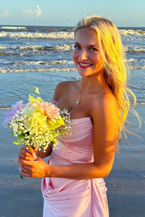 Cute Pink Satin Boat Strapless Ruched Empire Mini Homecoming Dress