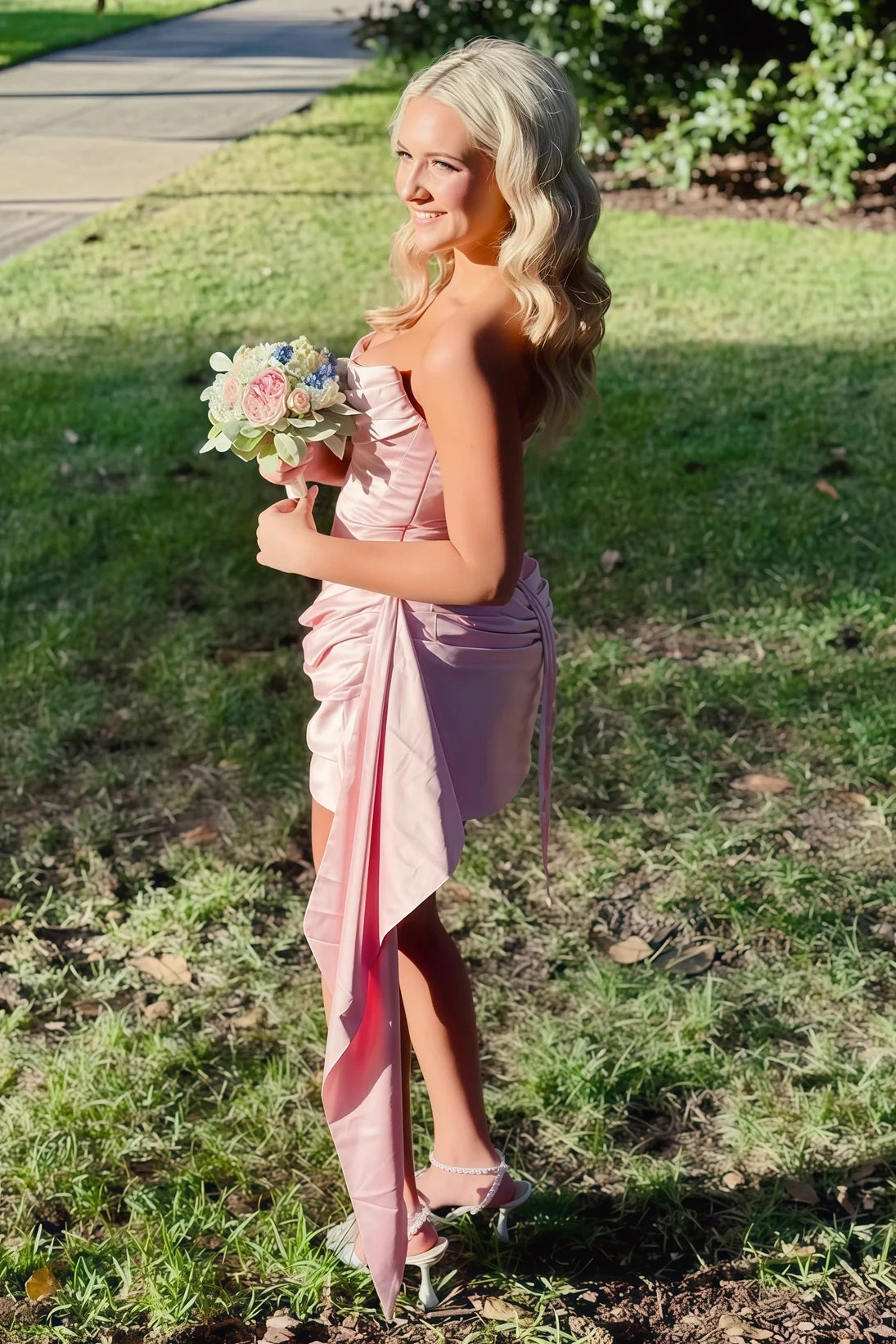 Cute Pink Satin Boat Strapless Ruched Empire Mini Homecoming Dress